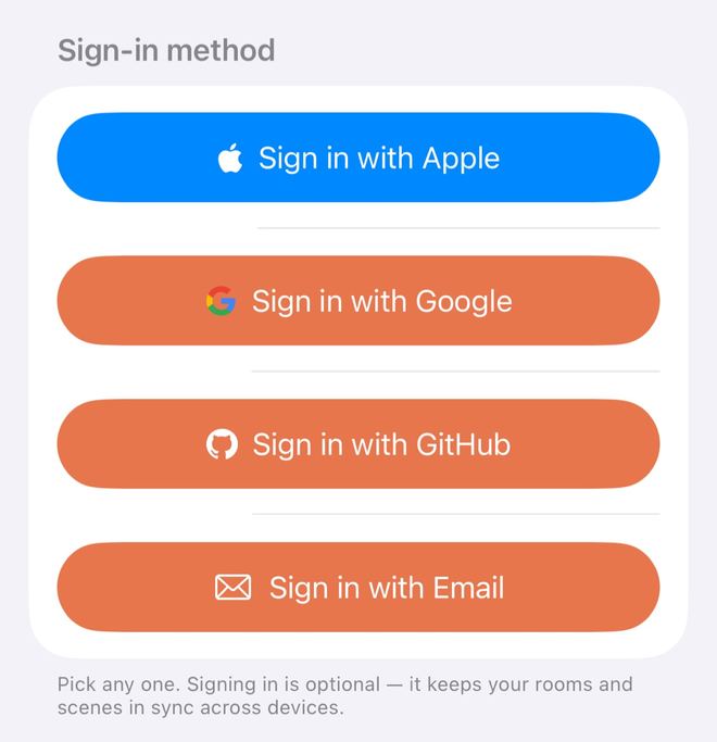 Settings → Account when signed out: four buttons under Sign-in method, for Apple, Google, GitHub and Email