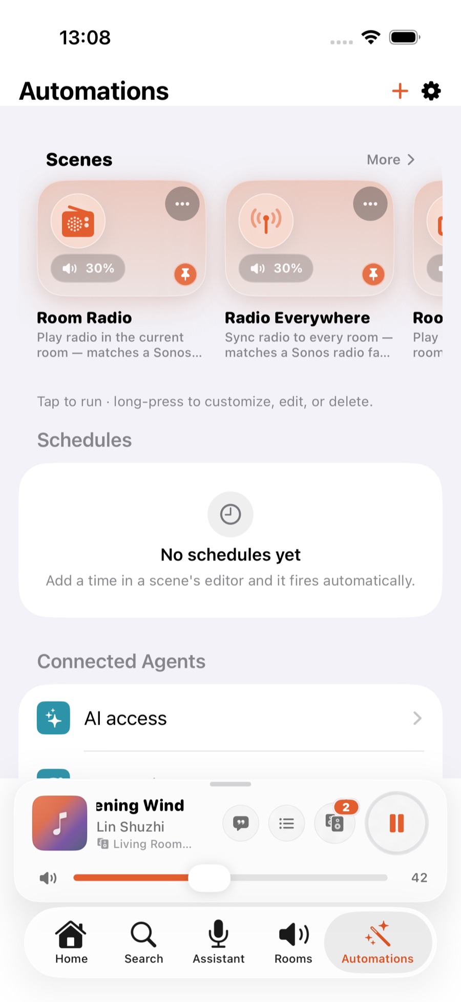 The Connected Agents section at the bottom of the Automations tab — tap AI access to generate a key