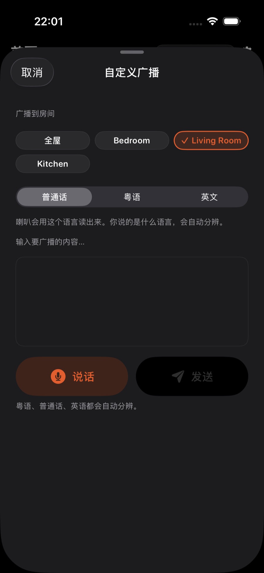 登录 Sonos 账户后的「自定义广播」页:选要广播的房间、选广播语言,输入一句话,或点「说话」