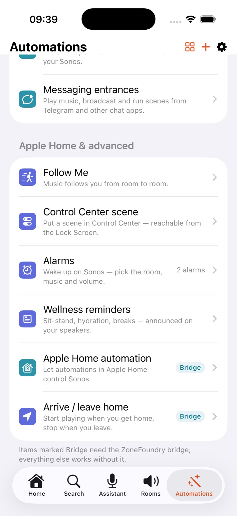 Automations page scrolled to the Apple Home and advanced section, with Follow Me as the first row