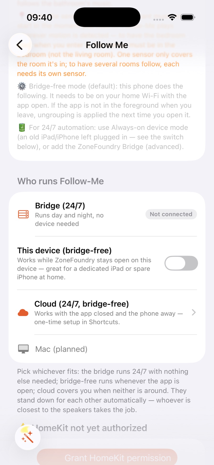 Who runs Follow-Me section showing Bridge, This device and Cloud options