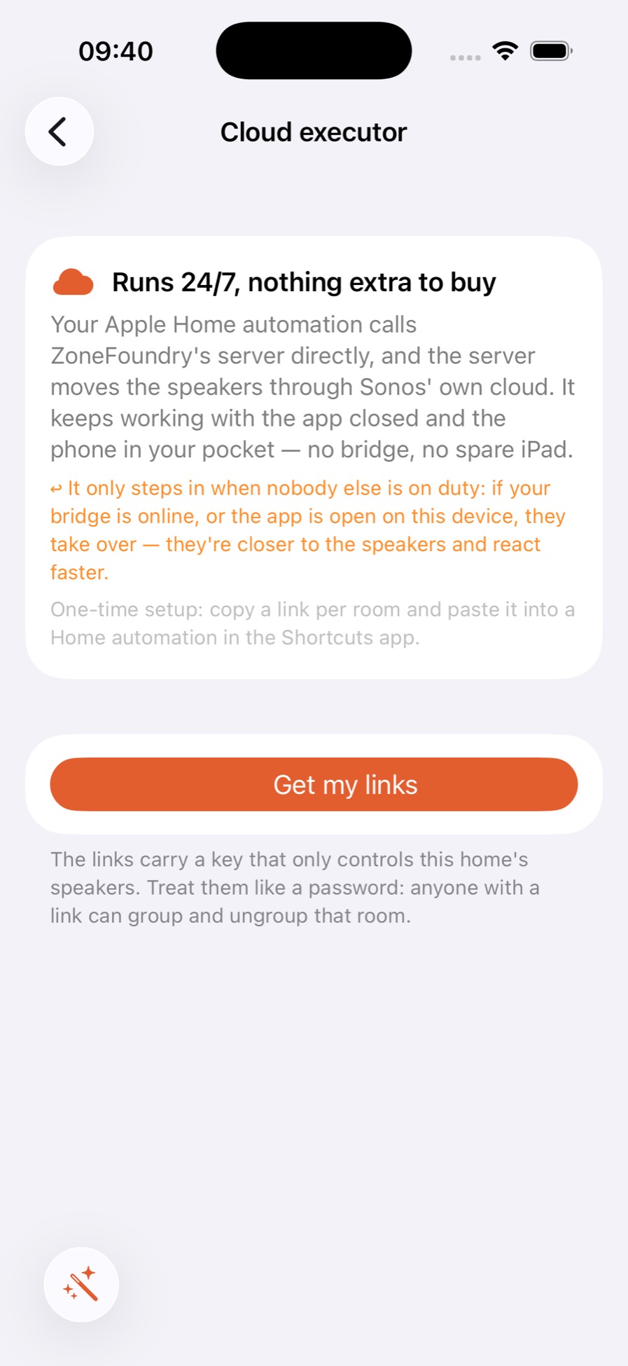 Cloud executor page with the Get my links button