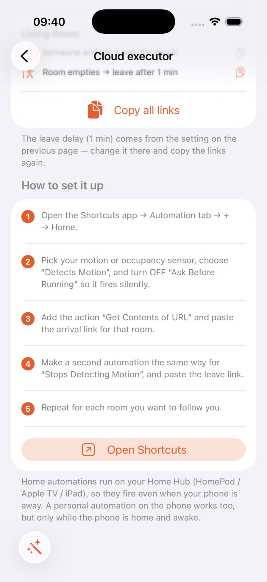 Copy all links button below the per-room links, with the setup steps underneath