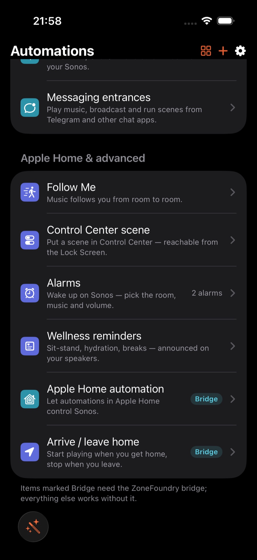 The Apple Home & advanced section of the Automations tab, with Follow Me as the first row
