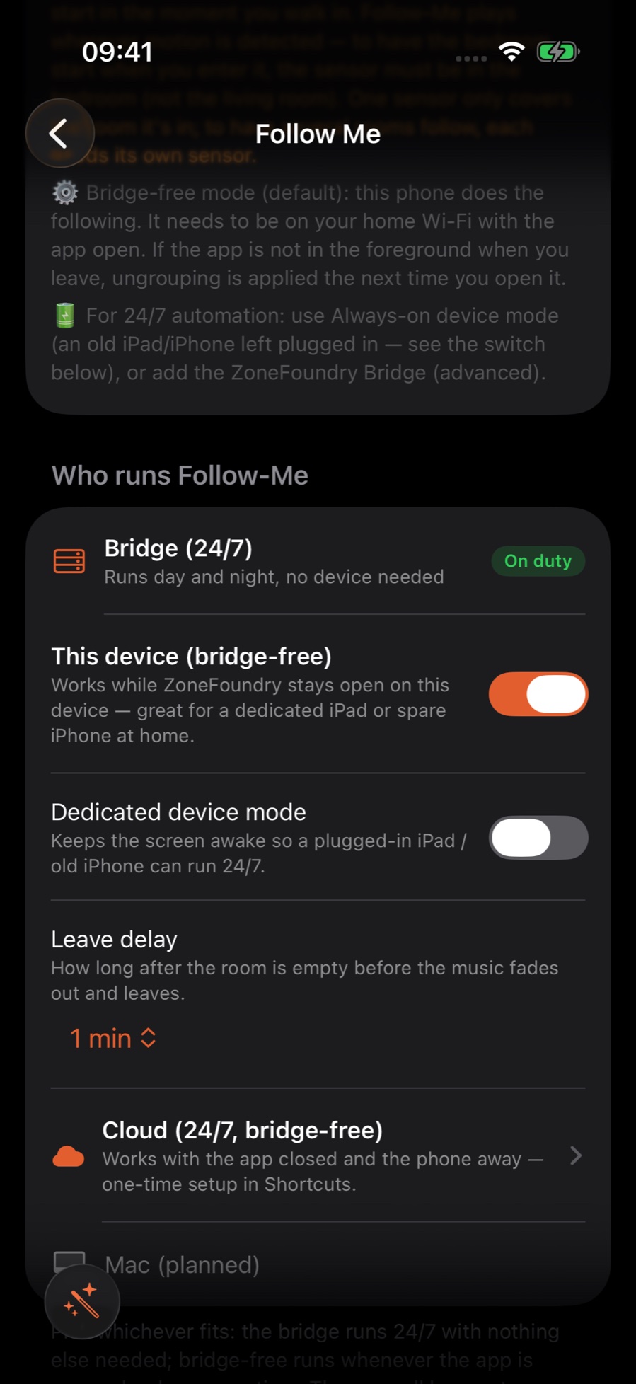 The Follow Me page, Who runs Follow-Me: the bridge is on duty and This device (bridge-free) is switched on, followed by dedicated device mode, leave delay and cloud