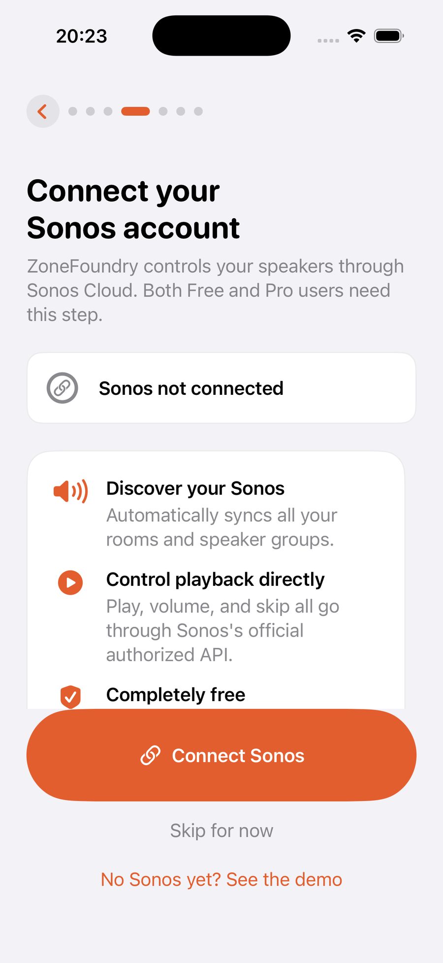 The Sonos sign-in step during onboarding — tap Connect Sonos to open the official authorization page