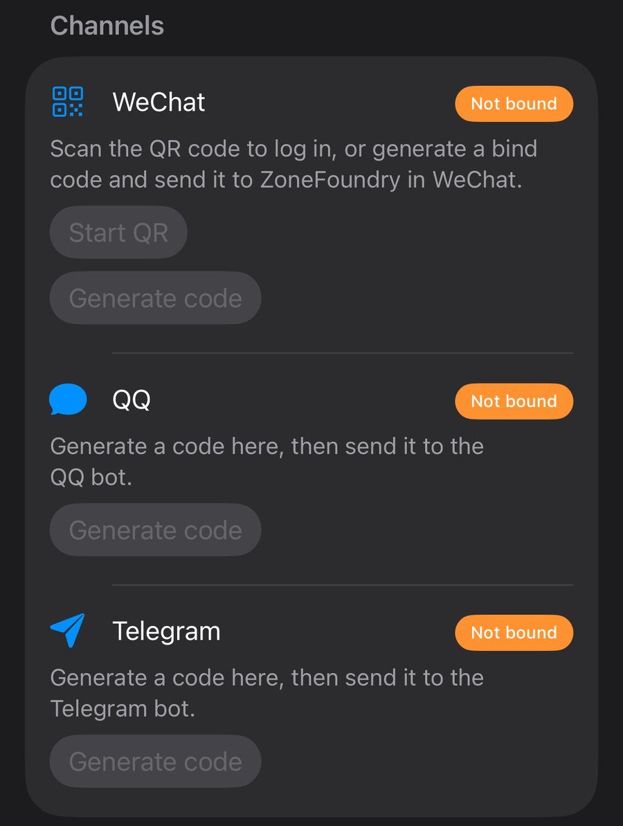 Channel cards on the Messaging entrances page: WeChat (Start QR, Generate code), QQ and Telegram (Generate code), all marked Not bound; buttons are greyed out in demo mode