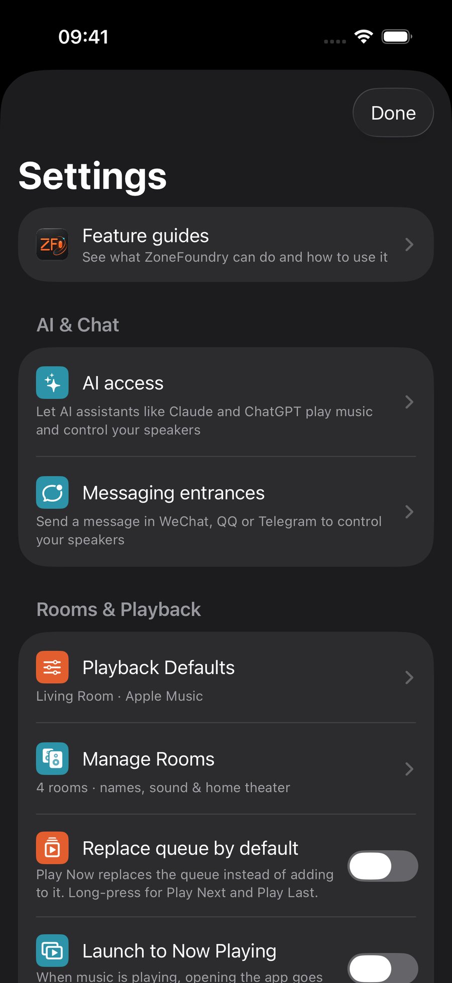 ZoneFoundry Settings: the AI & Chat section lists AI access and Messaging entrances, described as Send a message in WeChat, QQ or Telegram to control your speakers