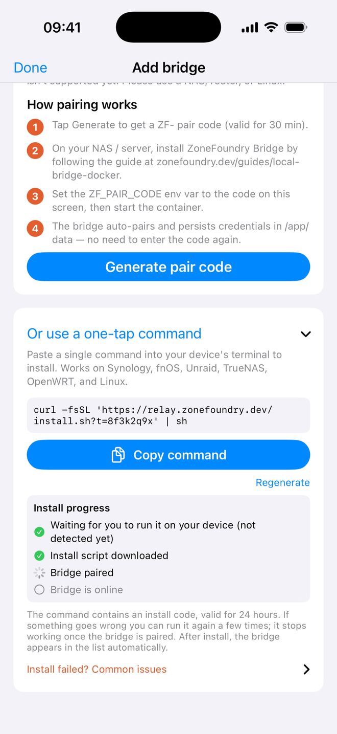 Or use a one-tap command, expanded: the install command, Copy command, and Install progress with the first two steps ticked while it waits for Bridge paired