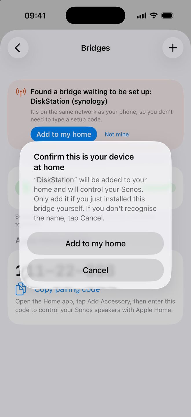 The Confirm this is your device at home dialog that appears after tapping Add to my home, with Add to my home and Cancel