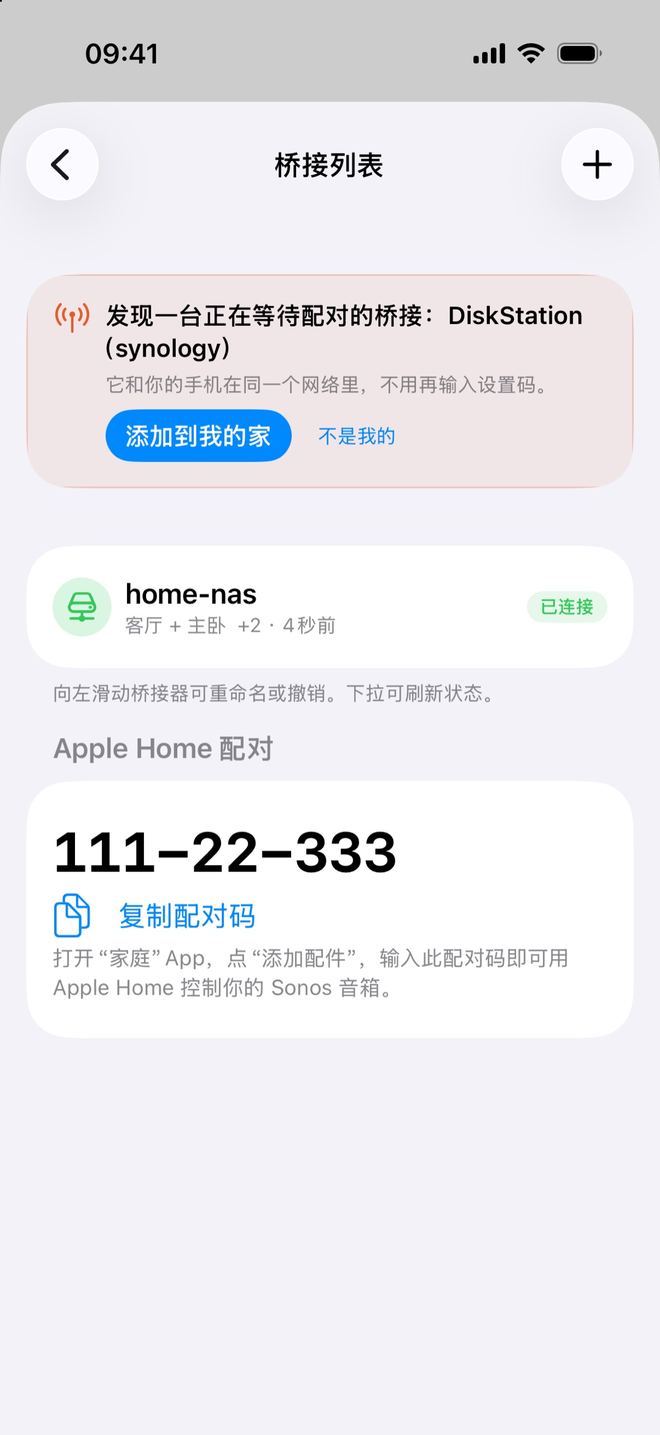桥接列表顶部的自动发现卡片「发现一台正在等待配对的桥接:DiskStation (synology)」,带「添加到我的家」和「不是我的」