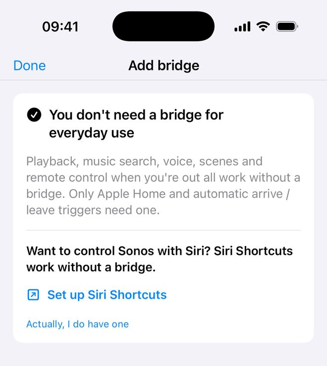 After tapping No, I don't: the You don't need a bridge for everyday use card, with Set up Siri Shortcuts and Actually, I do have one