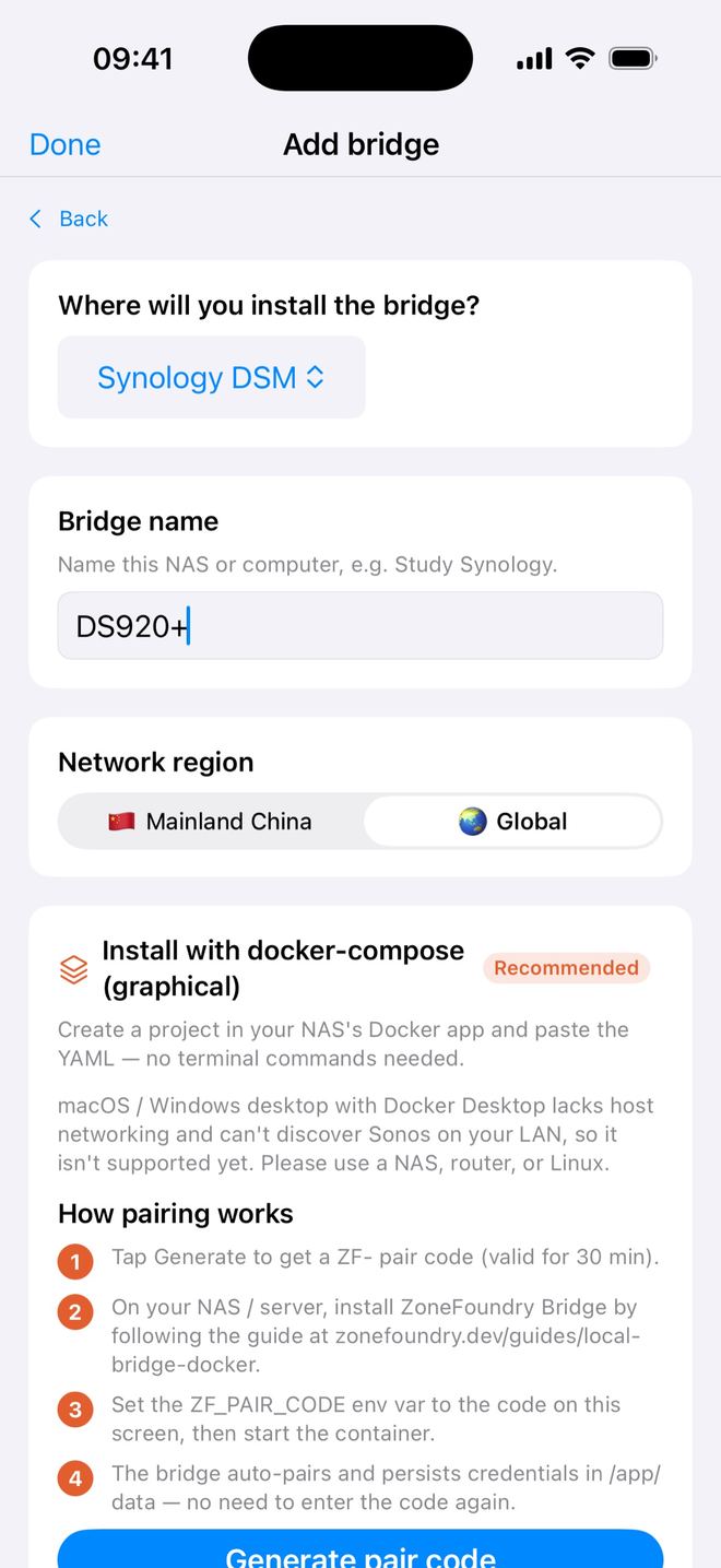 Add bridge with Synology DSM selected: bridge name, network region, and the Recommended Install with docker-compose (graphical) card with a Generate pair code button