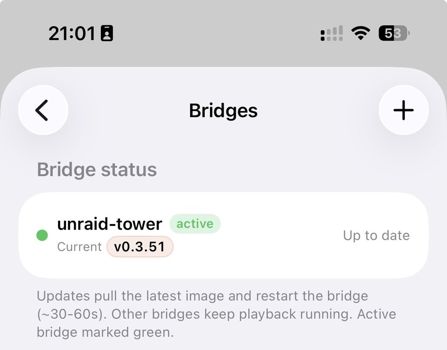 Settings → Bridges: the local Bridge shows as active and up to date