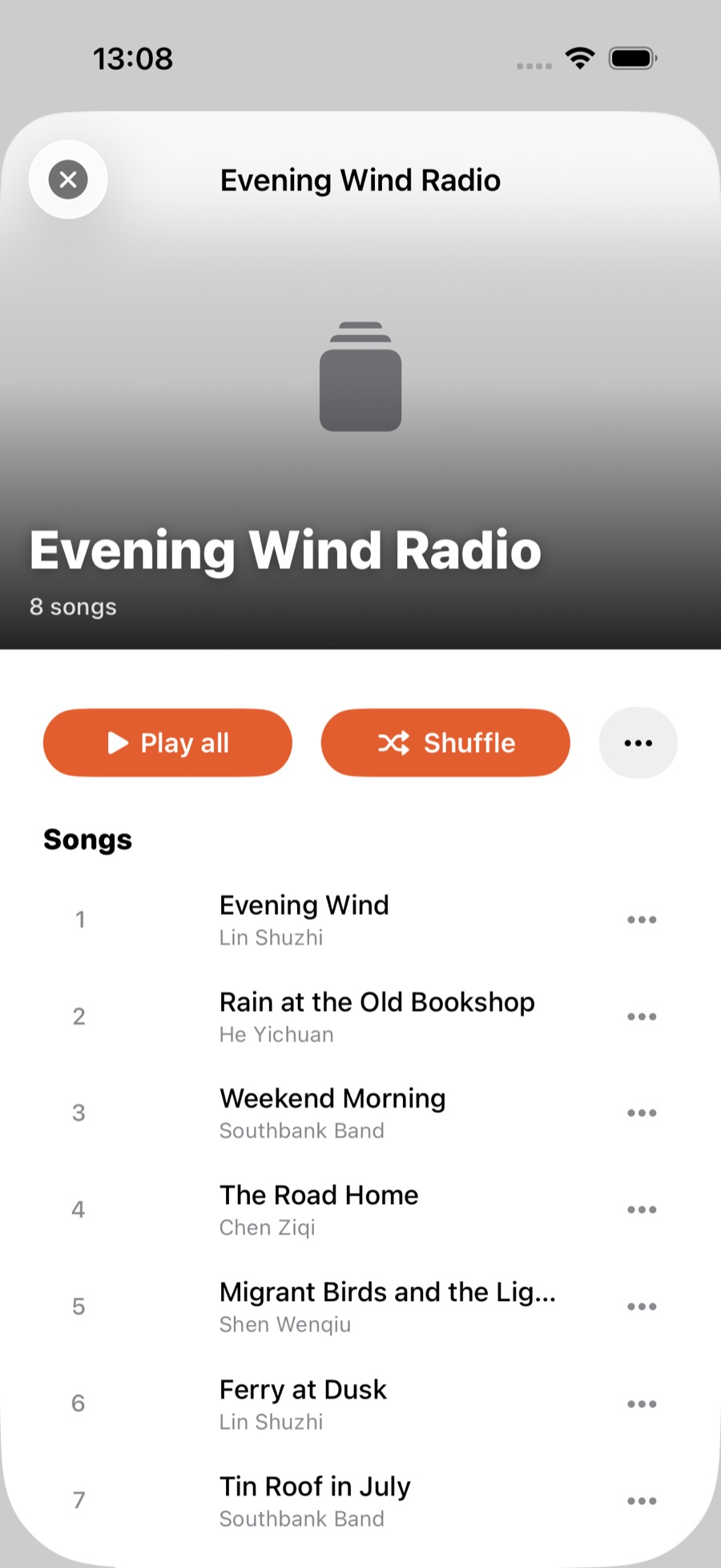 Playlist detail: large cover, track count, Play all/Shuffle, and a numbered track list
