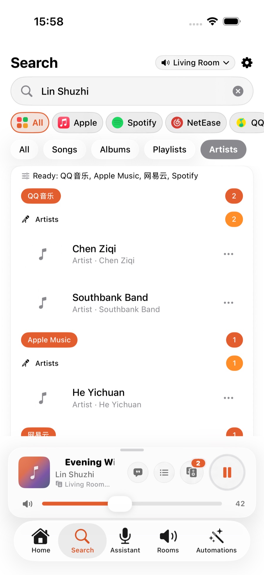 Searching an artist name with the Artists chip selected: results grouped by service