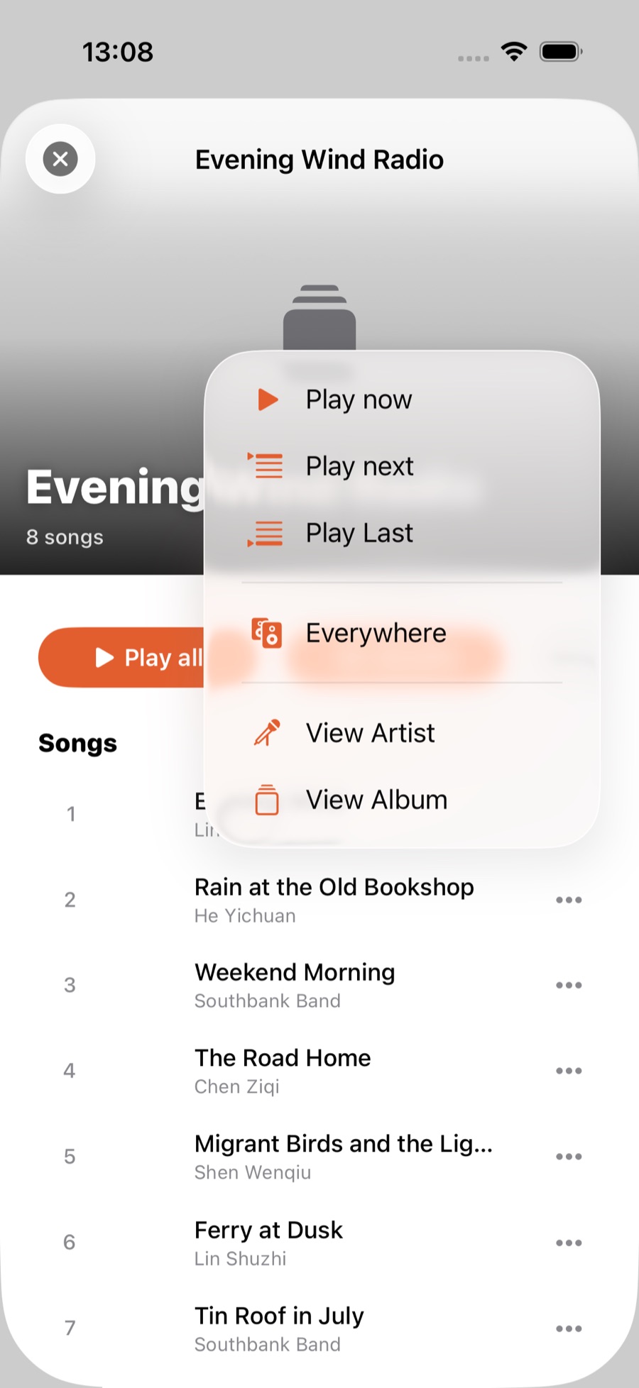 The ⋯ menu on a track row: Play now, Play next, Play Last, Everywhere