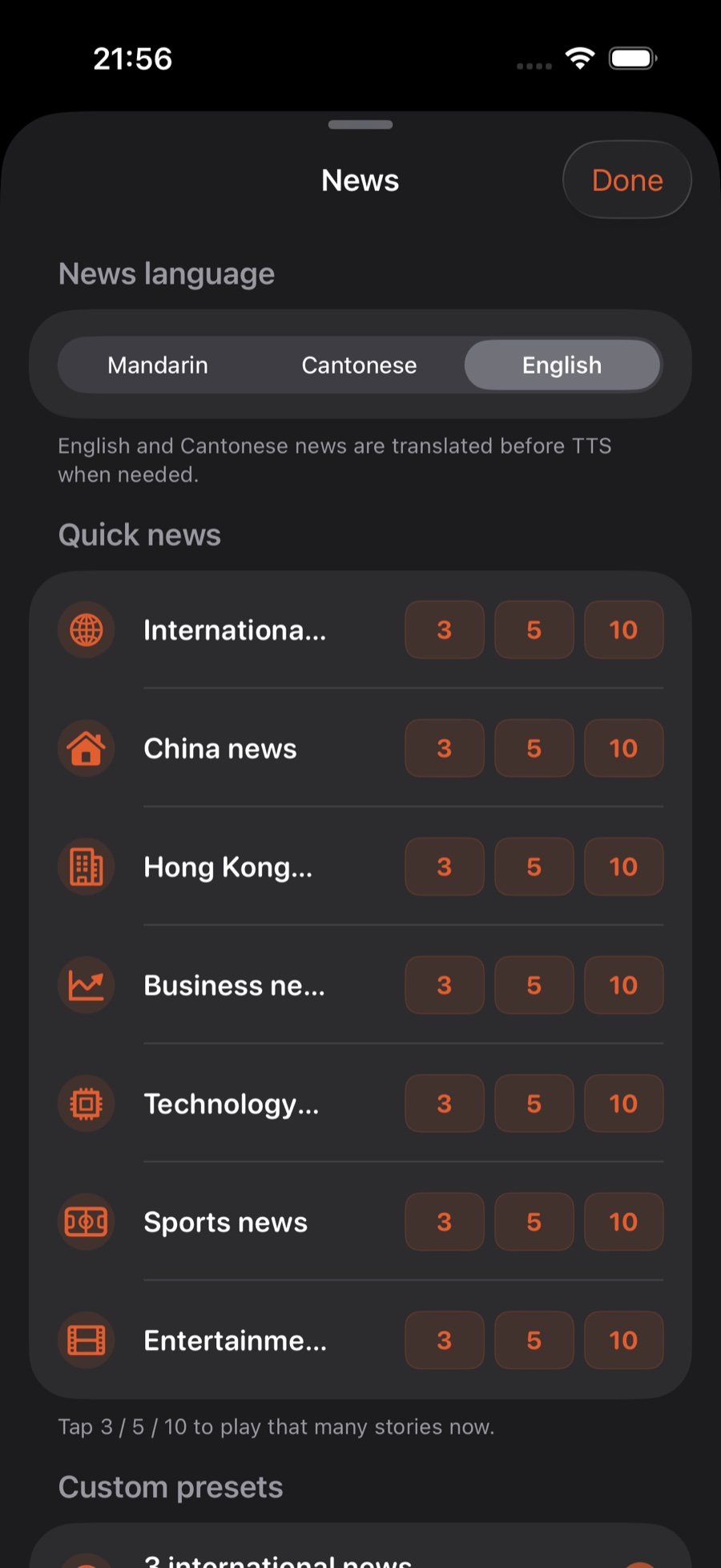 The News page: news language at the top, seven Quick news categories each with 3 / 5 / 10 buttons, and custom presets below