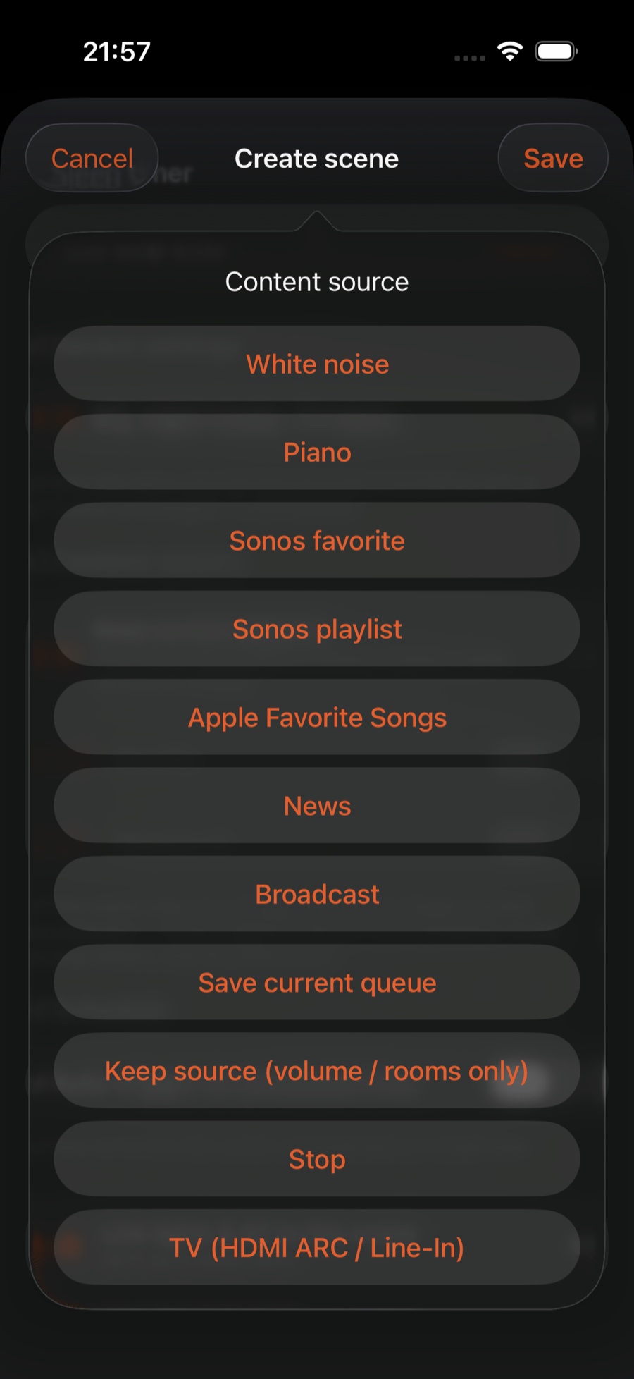 The Content source picker: White noise, Piano, Sonos favorite, Sonos playlist, Apple Favorite Songs, News, Broadcast, Save current queue, Keep source, Stop, TV