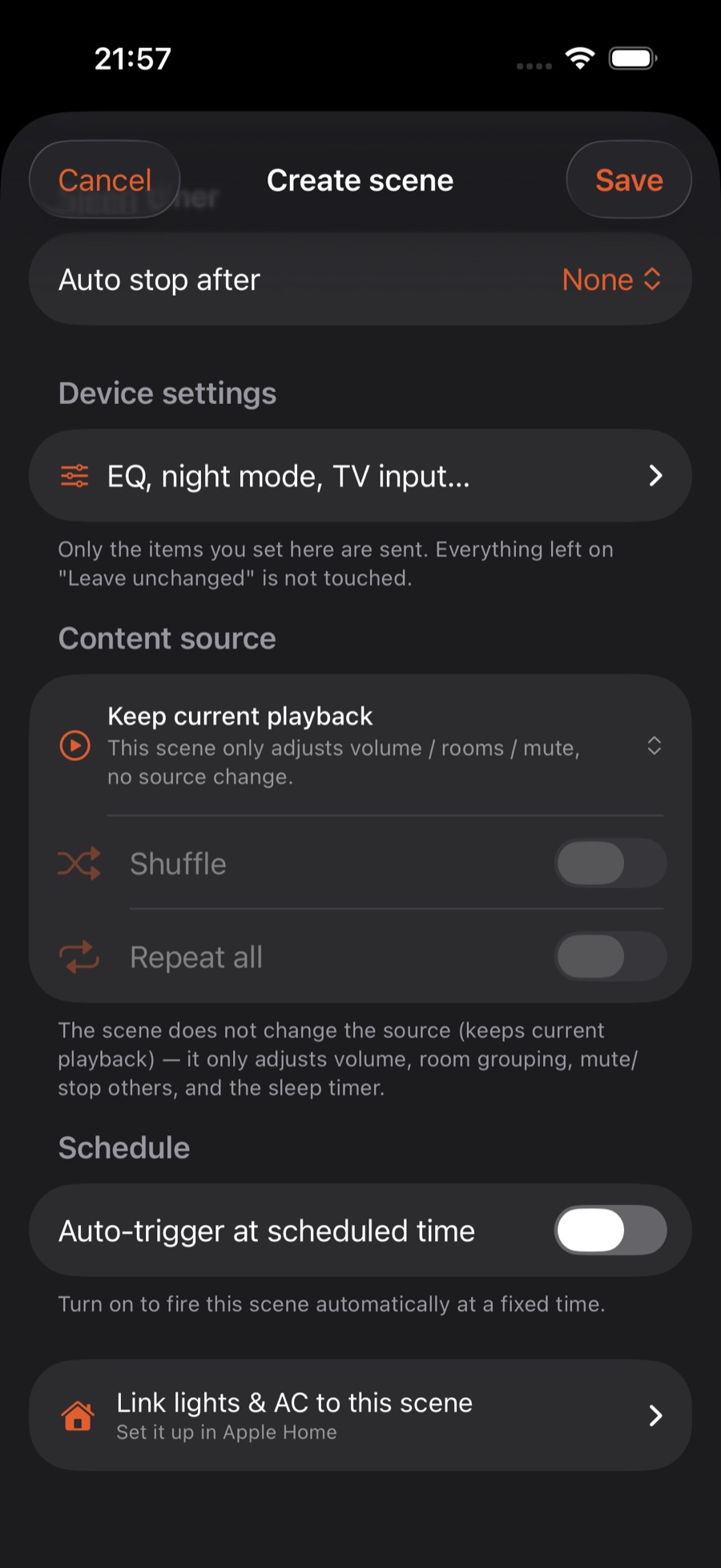 The lower half of the scene editor: sleep timer, device settings, content source, shuffle and repeat, the "Auto-trigger at scheduled time" switch, and the link to lights & AC