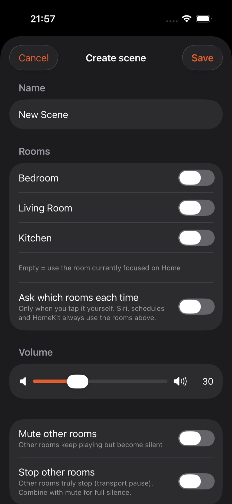 The Rooms section of Create scene: tick the rooms to play in; leave it empty to use the room focused on Home; below is the "Ask which rooms each time" switch
