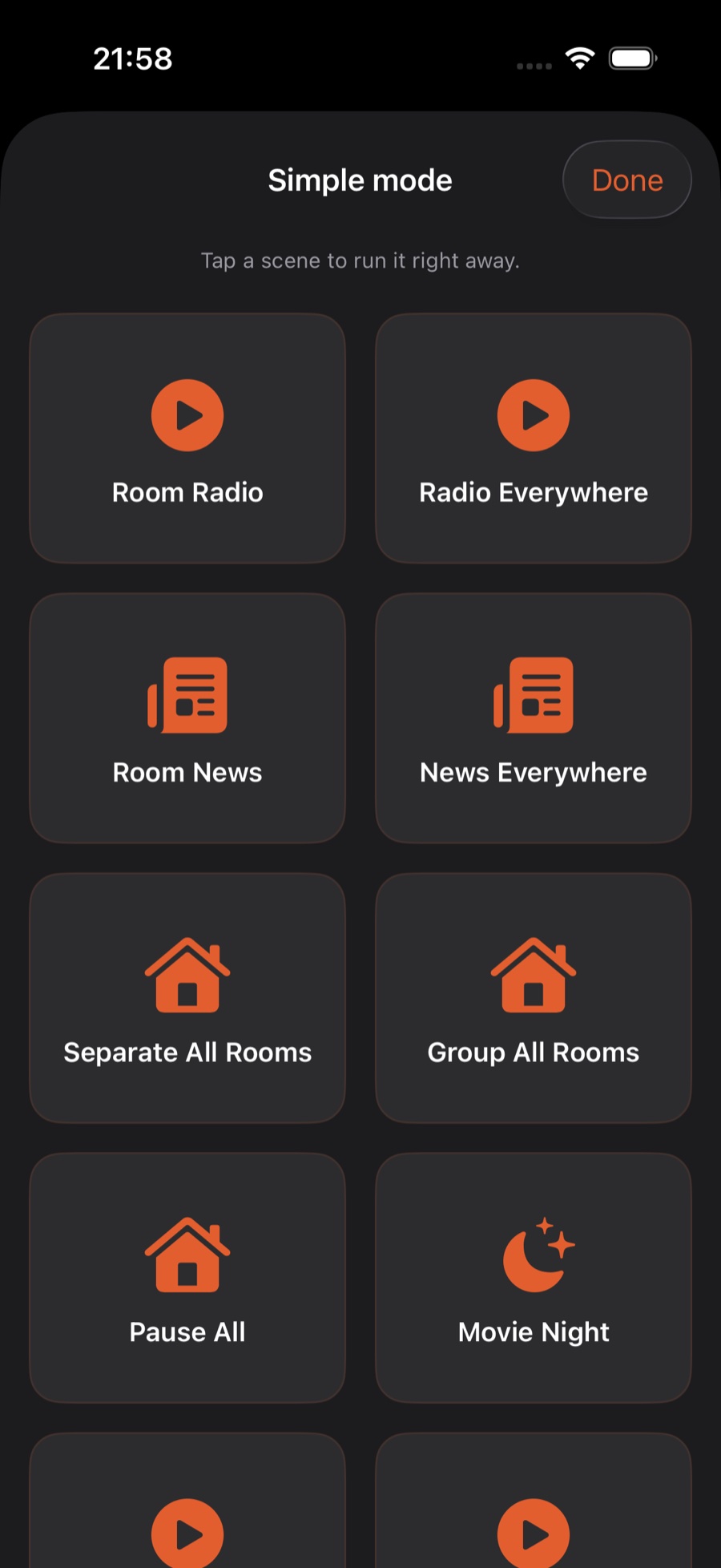 Simple mode: every scene becomes a big button on one screen, such as Room Radio, Radio Everywhere, Room News, News Everywhere, Separate All Rooms, Group All Rooms, Pause All and Movie Night — one tap runs it